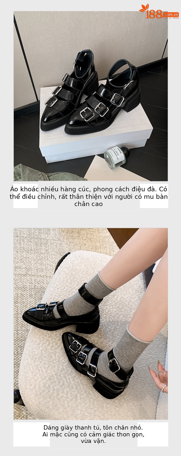 Giày cao gót Mary Jane nữ mũi nhọn da thật, quai khóa, gót cao 6 cm, form nhỏ nhắn — màu đen, màu trắng chi tiết 7