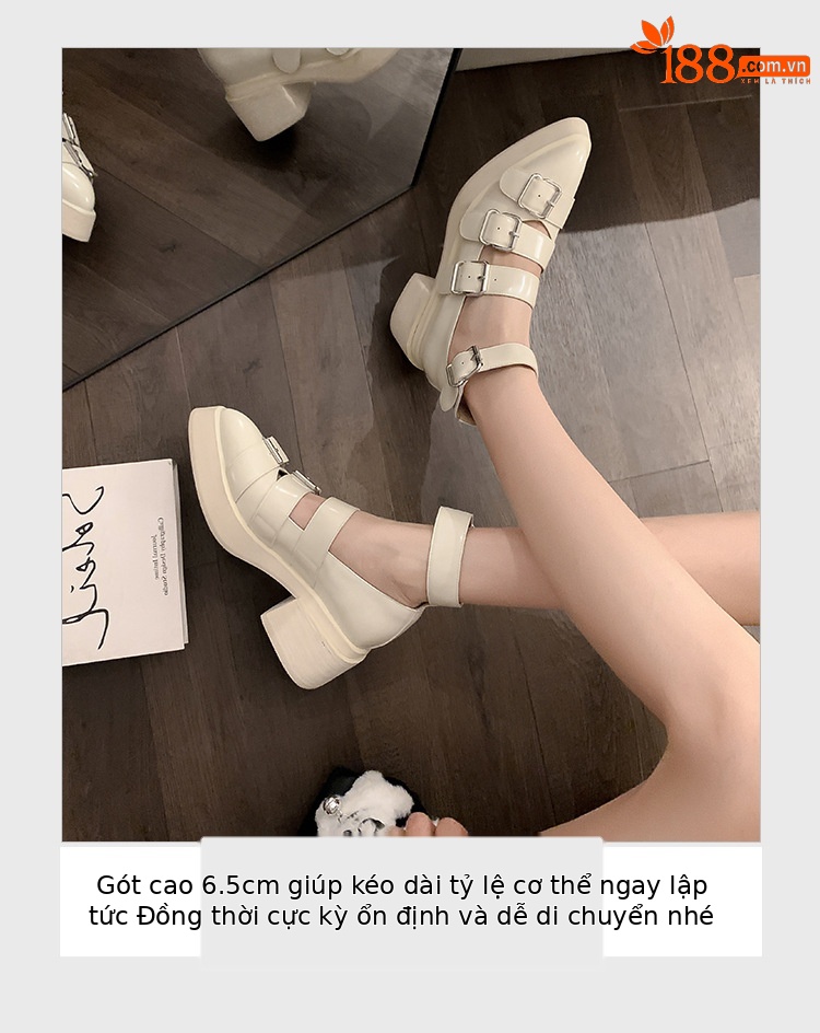 Giày cao gót Mary Jane nữ mũi nhọn da thật, quai khóa, gót cao 6 cm, form nhỏ nhắn — màu đen, màu trắng chi tiết 8