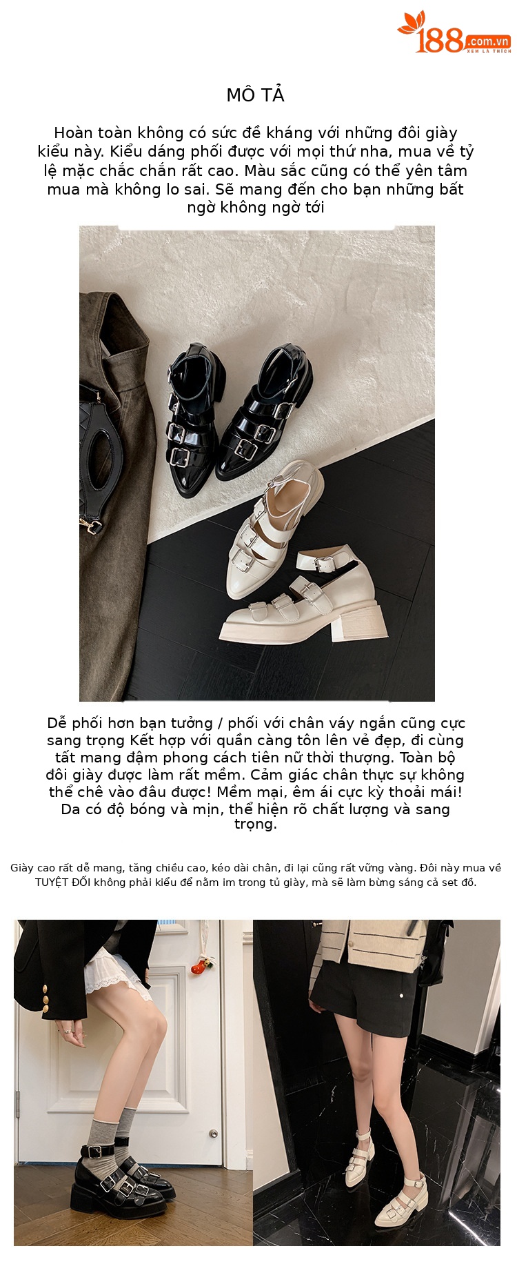 Giày cao gót Mary Jane nữ mũi nhọn da thật, quai khóa, gót cao 6 cm, form nhỏ nhắn — màu đen, màu trắng chi tiết 3