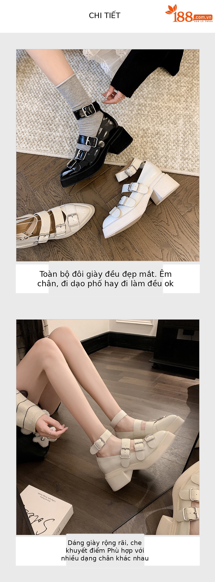 Giày cao gót Mary Jane nữ mũi nhọn da thật, quai khóa, gót cao 6 cm, form nhỏ nhắn — màu đen, màu trắng chi tiết 6
