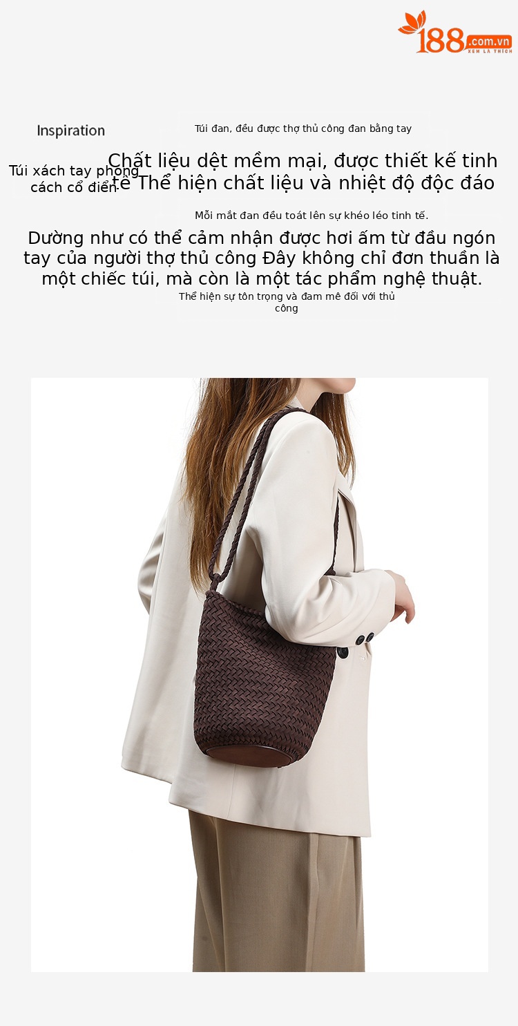 Túi bucket nữ da lộn nhung dệt tay phong cách vintage, quai đeo chéo và xách tay tiện lợi chi tiết 2