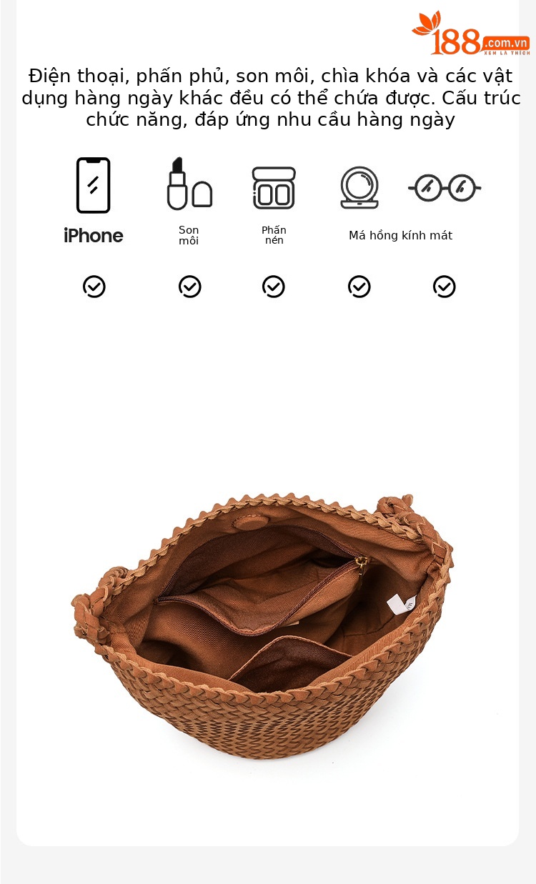 Túi bucket nữ da lộn nhung dệt tay phong cách vintage, quai đeo chéo và xách tay tiện lợi chi tiết 11