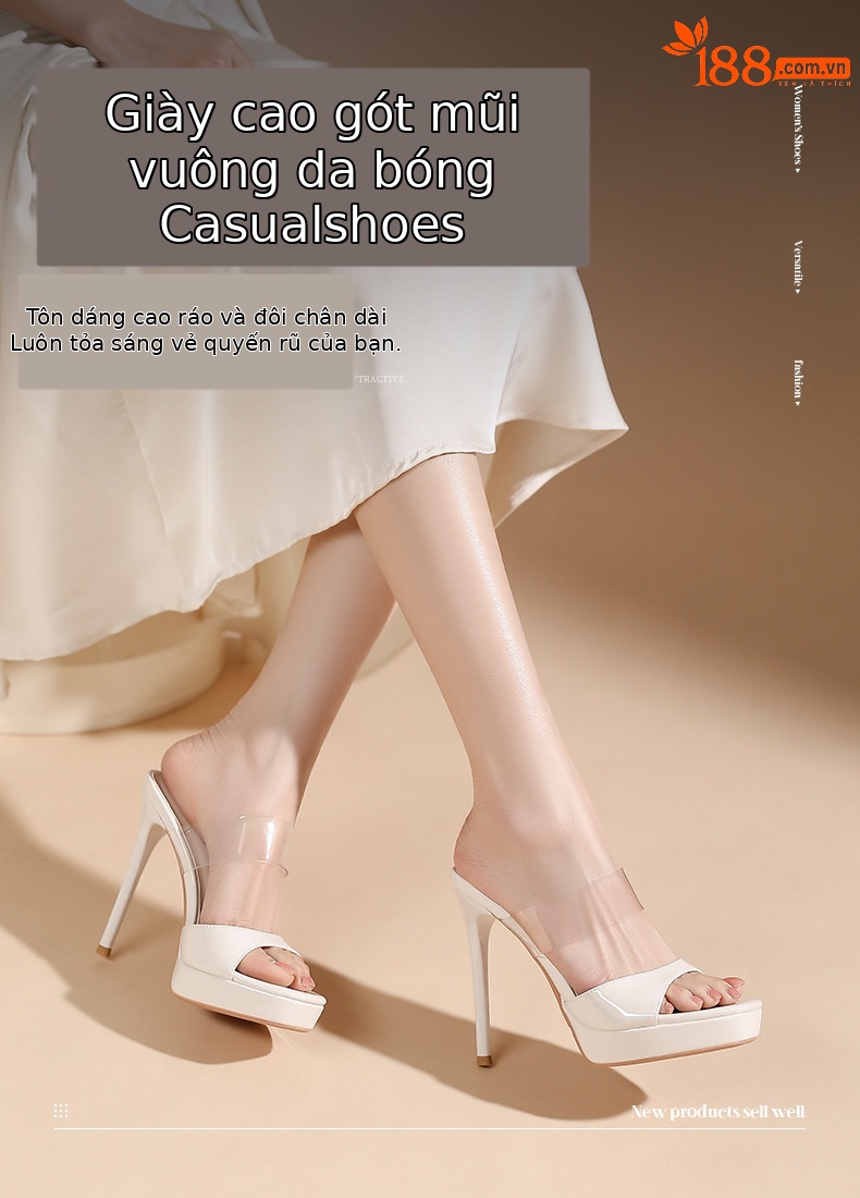 Sandal cao gót nữ mũi vuông quai trong suốt, đế platform, gót nhọn 9 cm — màu hồng nude chi tiết 1