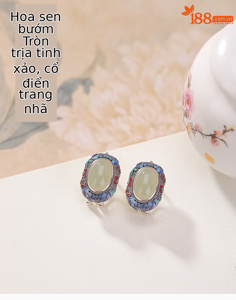 Khuyên tai bạc S925 đính đá ngọc tình thủy hình hoa sen phong cách vintage — Cặp đôi chi tiết 1