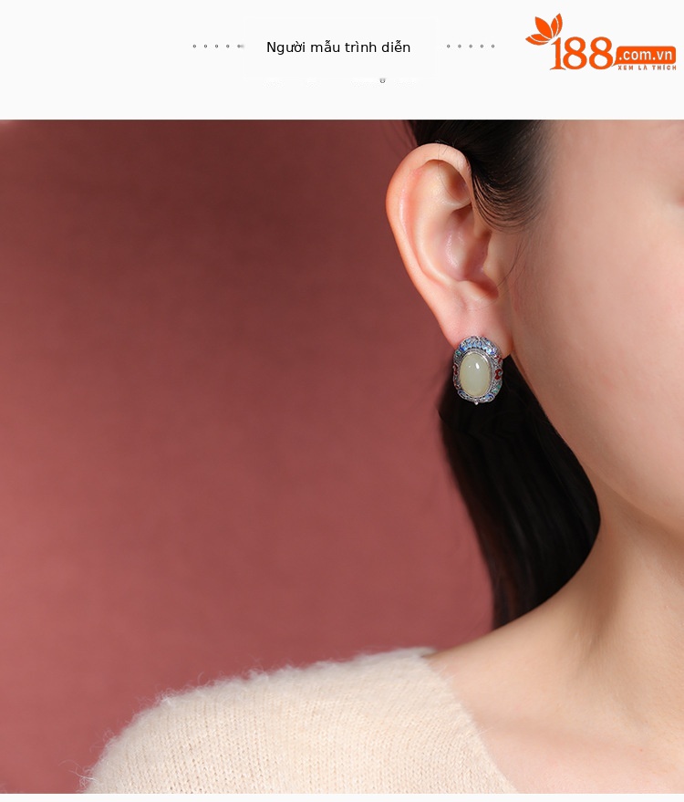 Khuyên tai bạc S925 đính đá ngọc tình thủy hình hoa sen phong cách vintage — Cặp đôi chi tiết 3