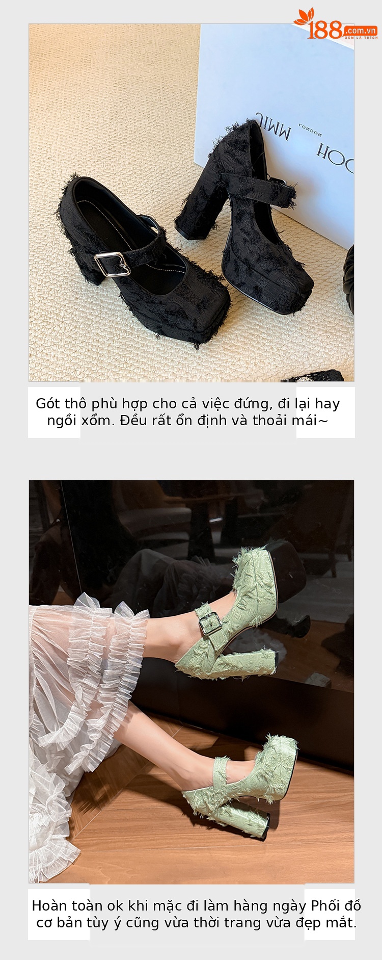 Giày cao gót nữ mũi vuông phong cách Mary Jane đế xuồng platform gót 12 cm — Xanh lá cây nhạtcolor, màu đen, màu trắng ngà chi tiết 5