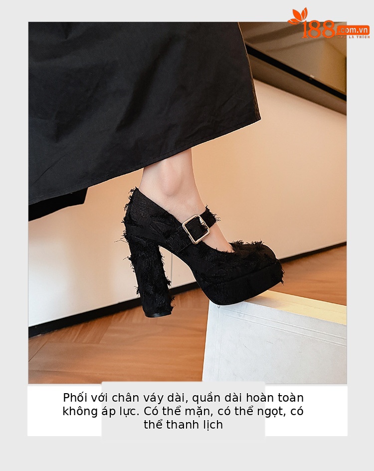 Giày cao gót nữ mũi vuông phong cách Mary Jane đế xuồng platform gót 12 cm — Xanh lá cây nhạtcolor, màu đen, màu trắng ngà chi tiết 6