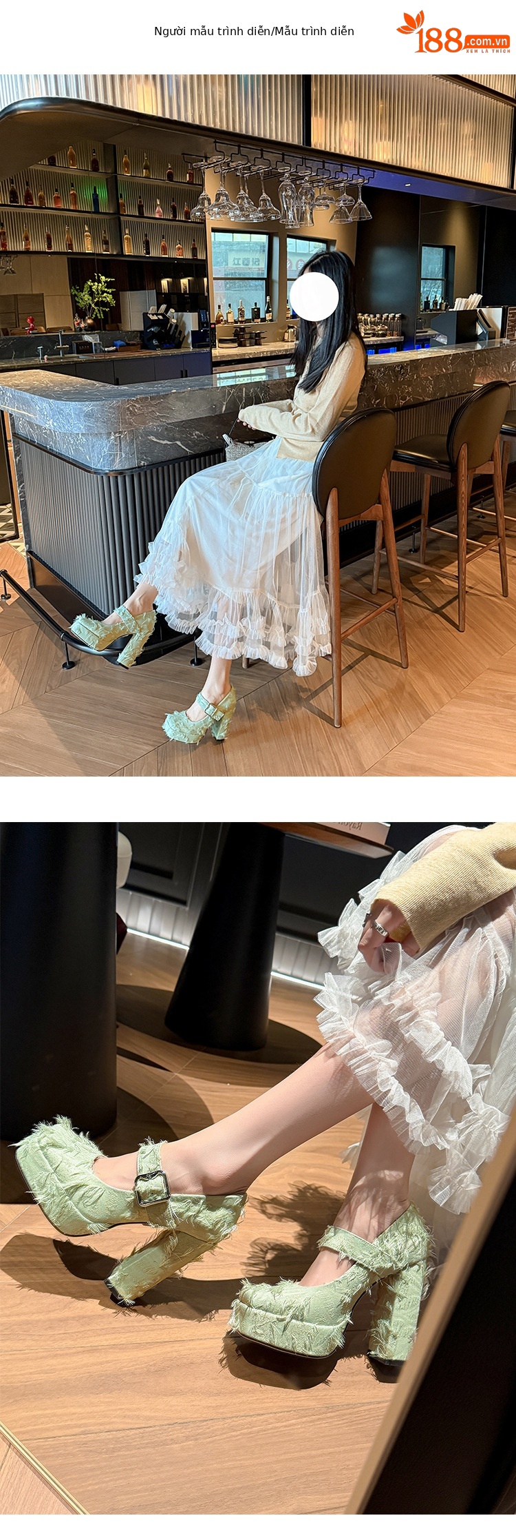 Giày cao gót nữ mũi vuông phong cách Mary Jane đế xuồng platform gót 12 cm — Xanh lá cây nhạtcolor, màu đen, màu trắng ngà chi tiết 7