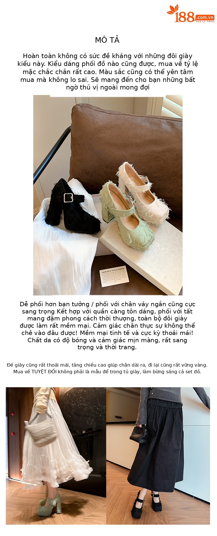 Giày cao gót nữ mũi vuông phong cách Mary Jane đế xuồng platform gót 12 cm — Xanh lá cây nhạtcolor, màu đen, màu trắng ngà chi tiết 3