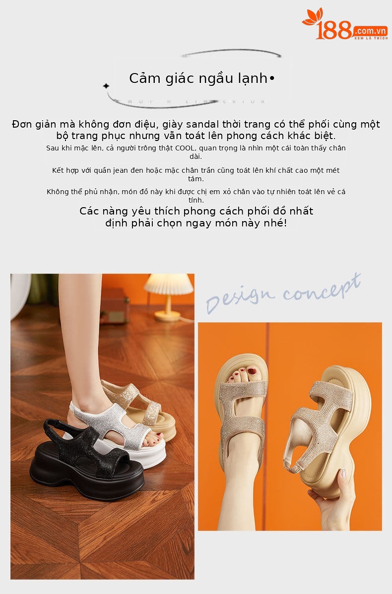 Sandal cao gót nữ đính đá rhinestone đế xuồng 8 cm — Trắng, Xanh, Đen chi tiết 4
