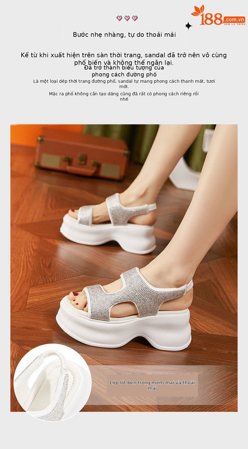 Sandal cao gót nữ đính đá rhinestone đế xuồng 8 cm — Trắng, Xanh, Đen chi tiết 5