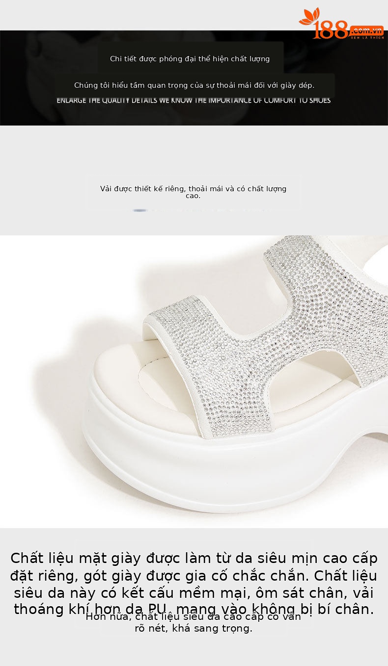 Sandal cao gót nữ đính đá rhinestone đế xuồng 8 cm — Trắng, Xanh, Đen chi tiết 6