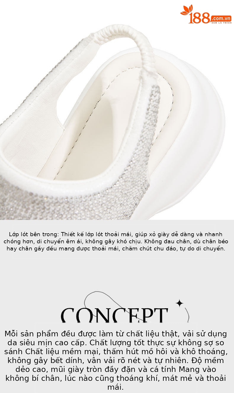 Sandal cao gót nữ đính đá rhinestone đế xuồng 8 cm — Trắng, Xanh, Đen chi tiết 8