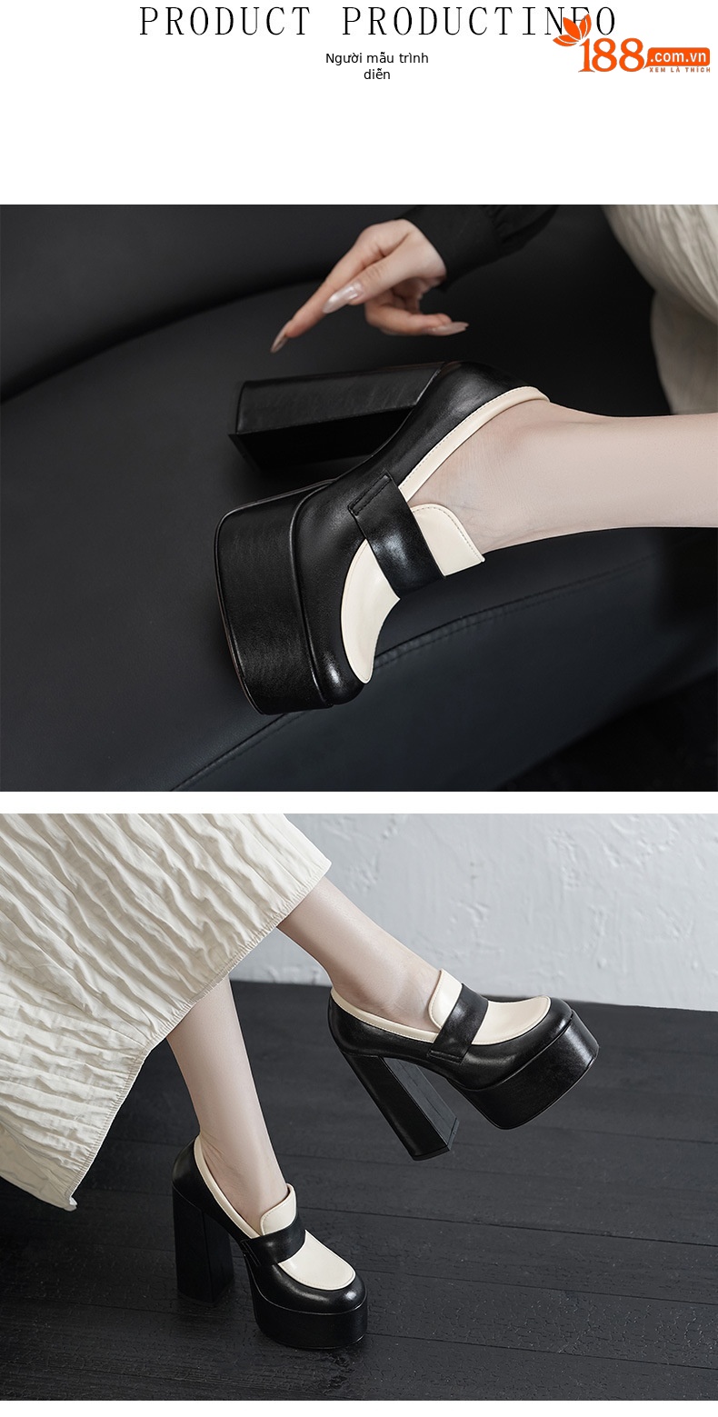 Giày cao gót nữ đế xuồng platform gót vuông 14cm, phong cách trình diễn, đế dày không mỏi chân — màu đen, màu trắng ngà chi tiết 2