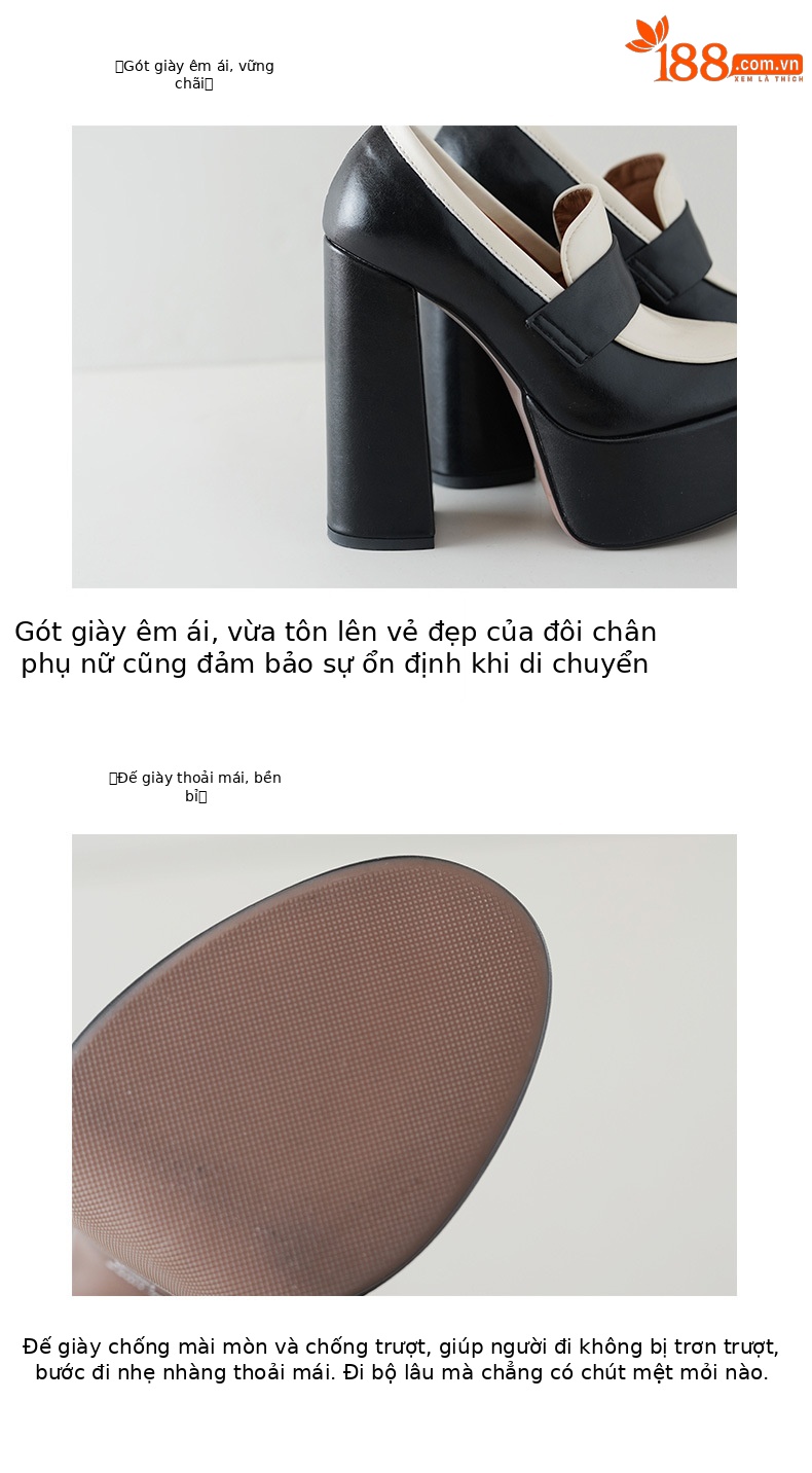 Giày cao gót nữ đế xuồng platform gót vuông 14cm, phong cách trình diễn, đế dày không mỏi chân — màu đen, màu trắng ngà chi tiết 8