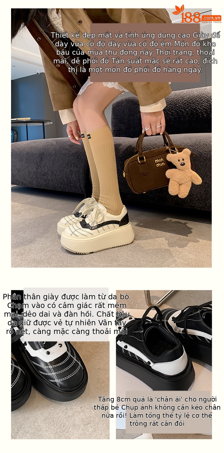 Giày sneaker nữ đế dày da bò phối màu dây buộc phong cách thể thao — màu đen chi tiết 3