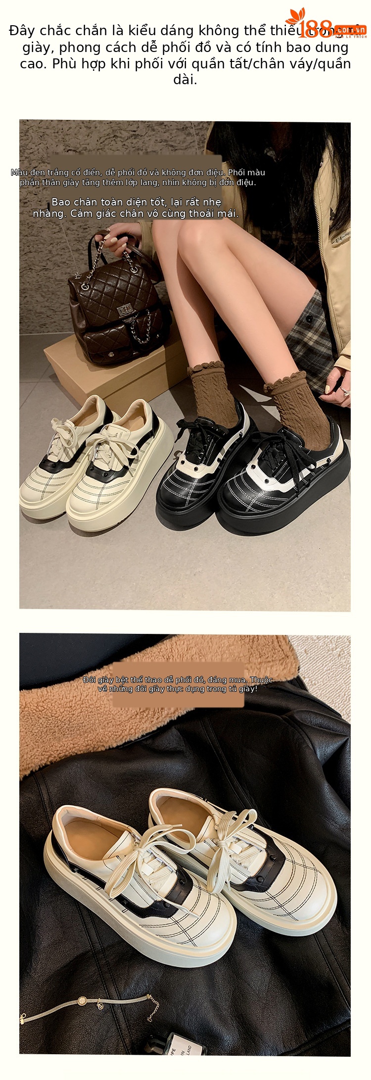 Giày sneaker nữ đế dày da bò phối màu dây buộc phong cách thể thao — màu đen chi tiết 4