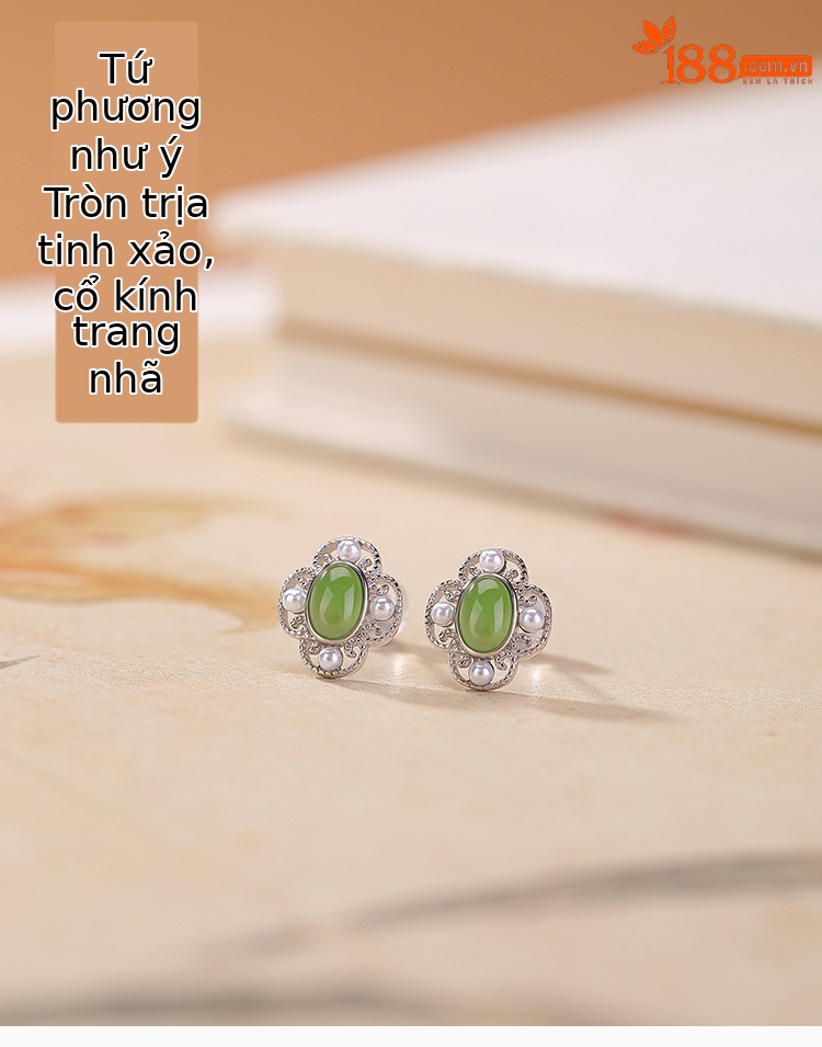 Khuyên tai bạc S925 đính ngọc bích hình tứ phương như ý — Cặp đôi chi tiết 1
