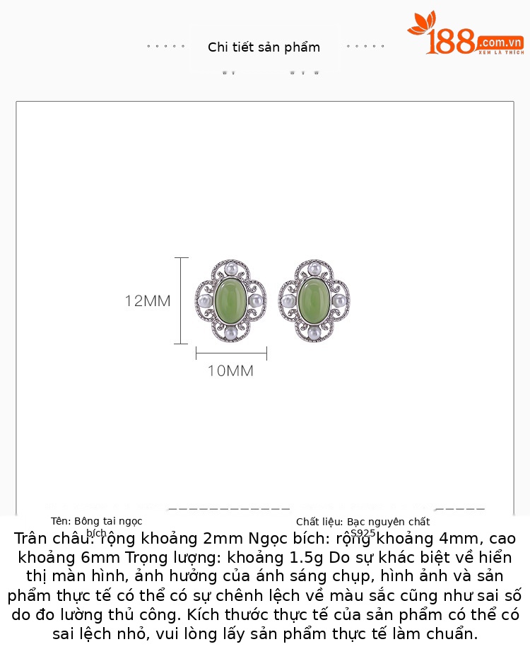 Khuyên tai bạc S925 đính ngọc bích hình tứ phương như ý — Cặp đôi chi tiết 2