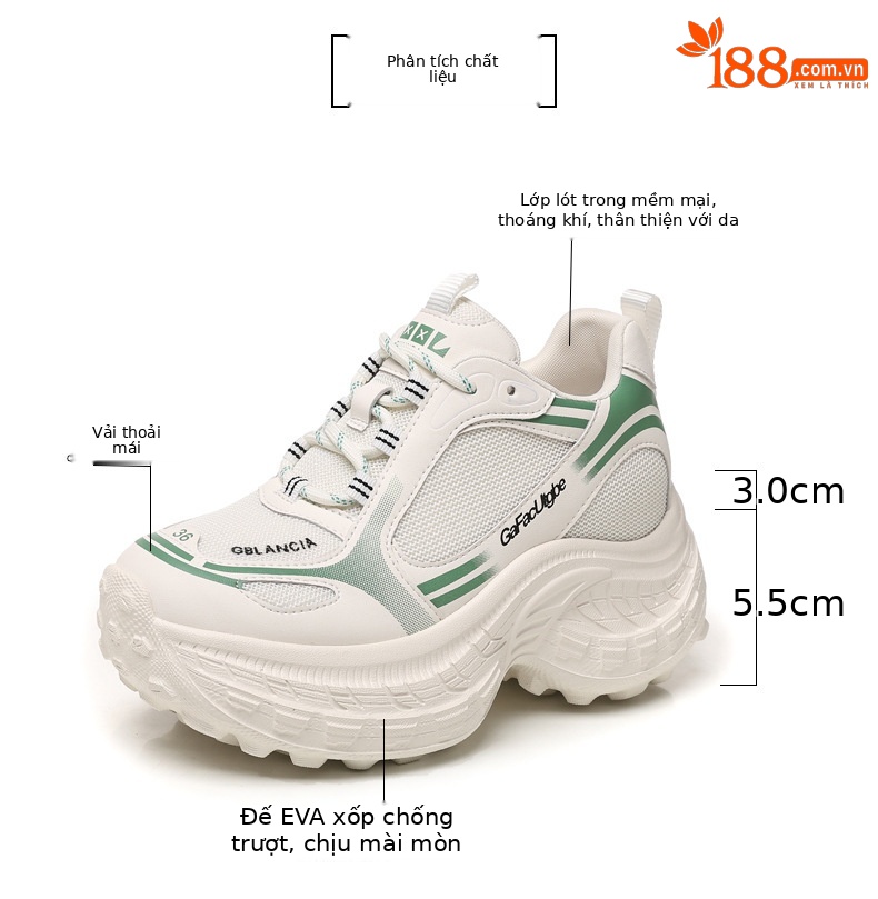 Giày sneaker nữ chunky đế dày lưới thoáng khí, tăng chiều cao bên trong — Xanh lá cây nhạtcolor chi tiết 3