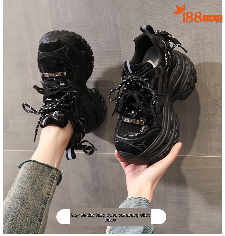 Giày sneaker nữ chunky đế dày tăng chiều cao phong cách thể thao — màu đen chi tiết 1