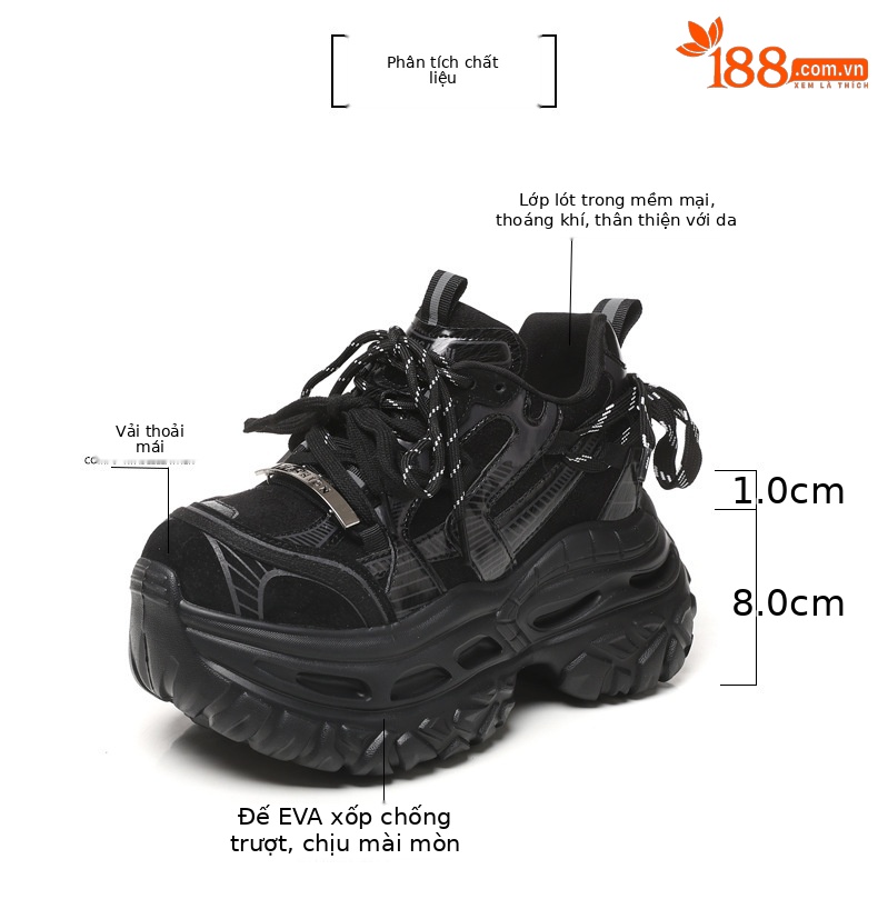 Giày sneaker nữ chunky đế dày tăng chiều cao phong cách thể thao — màu đen chi tiết 3