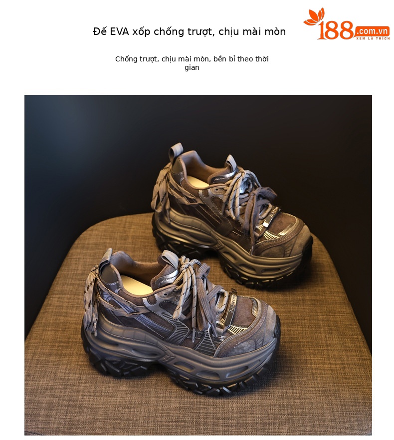 Giày sneaker nữ chunky đế dày tăng chiều cao phong cách thể thao — màu đen chi tiết 10