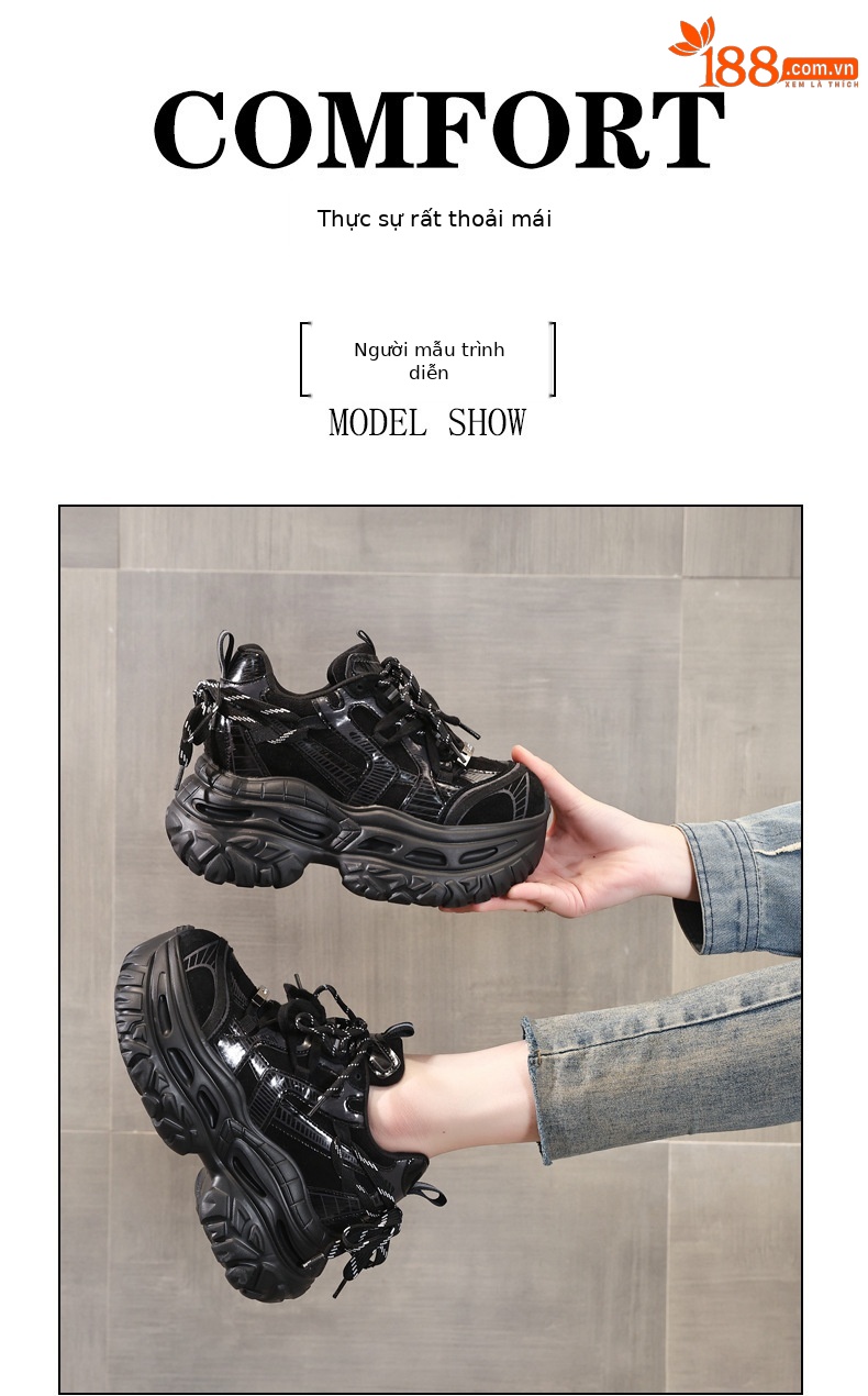 Giày sneaker nữ chunky đế dày tăng chiều cao phong cách thể thao — màu đen chi tiết 11