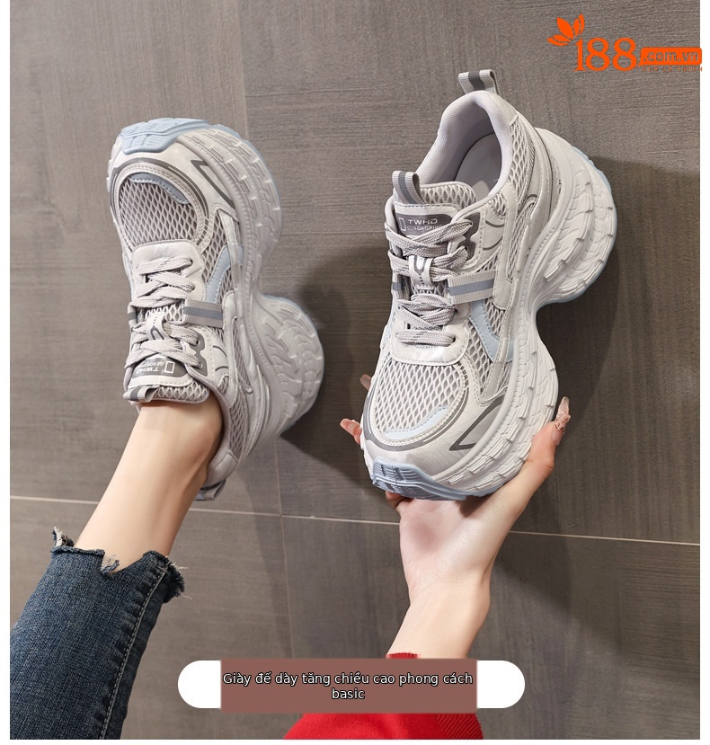 Giày sneaker nữ chunky đế dày lưới thoáng khí tăng chiều cao — màu be chi tiết 1