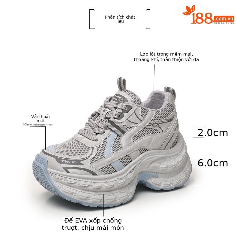 Giày sneaker nữ chunky đế dày lưới thoáng khí tăng chiều cao — màu be chi tiết 2