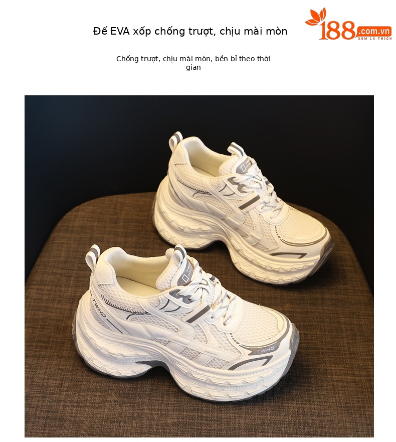 Giày sneaker nữ chunky đế dày lưới thoáng khí tăng chiều cao — màu be chi tiết 9