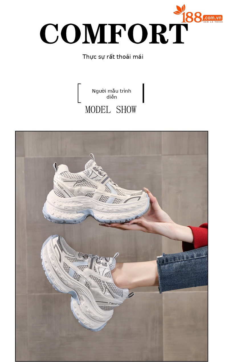 Giày sneaker nữ chunky đế dày lưới thoáng khí tăng chiều cao — màu be chi tiết 10