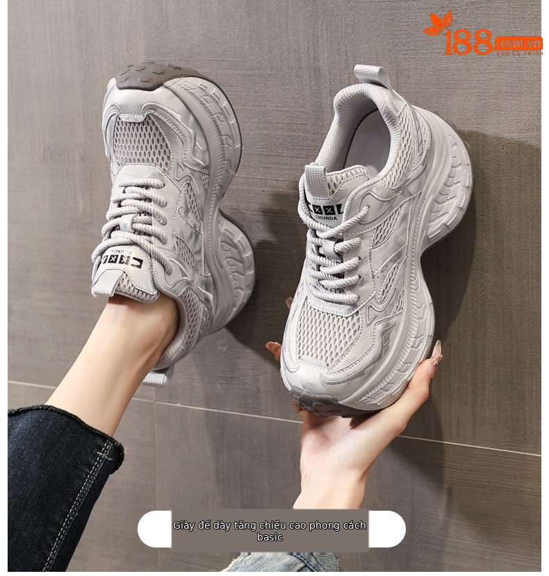 Giày sneaker nữ đế dày tăng chiều cao lưới thoáng khí — màu be chi tiết 1