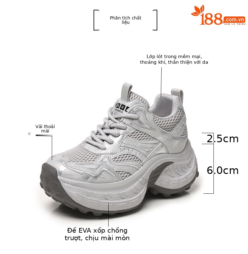 Giày sneaker nữ đế dày tăng chiều cao lưới thoáng khí — màu be chi tiết 2
