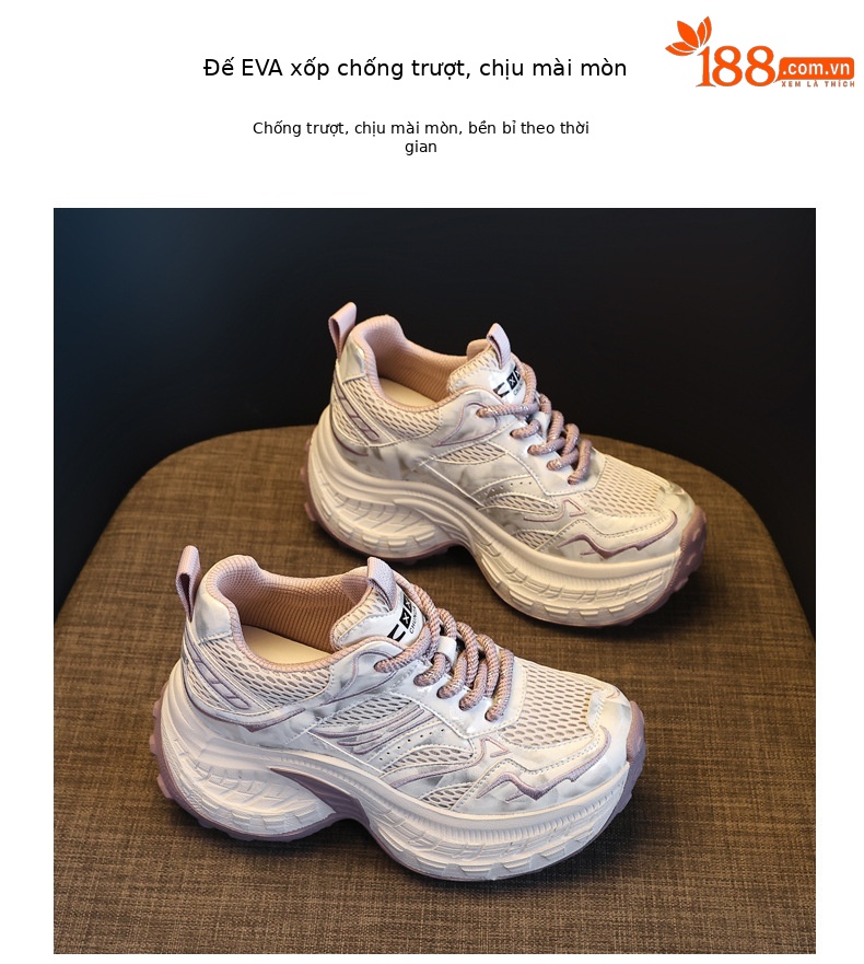 Giày sneaker nữ đế dày tăng chiều cao lưới thoáng khí — màu be chi tiết 8