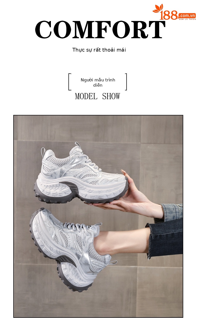 Giày sneaker nữ đế dày tăng chiều cao lưới thoáng khí — màu be chi tiết 9