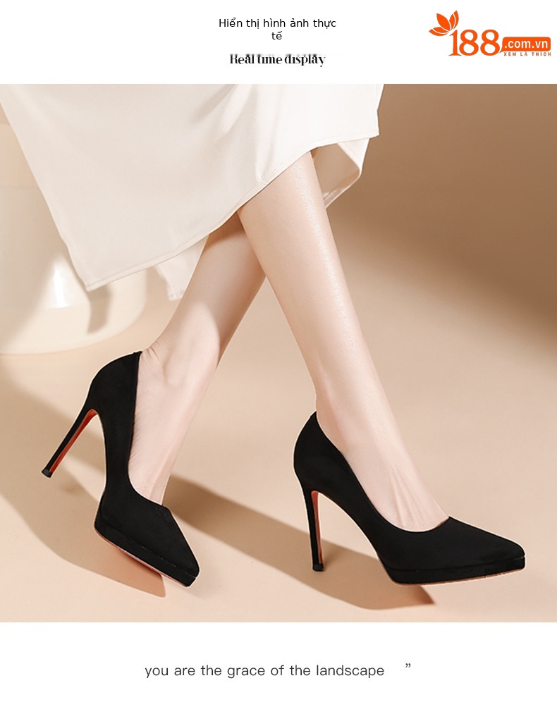 Giày cao gót nữ mũi nhọn phong cách Pháp, đế đỏ, gót nhọn 10 cm — Da trần-10cm chi tiết 4