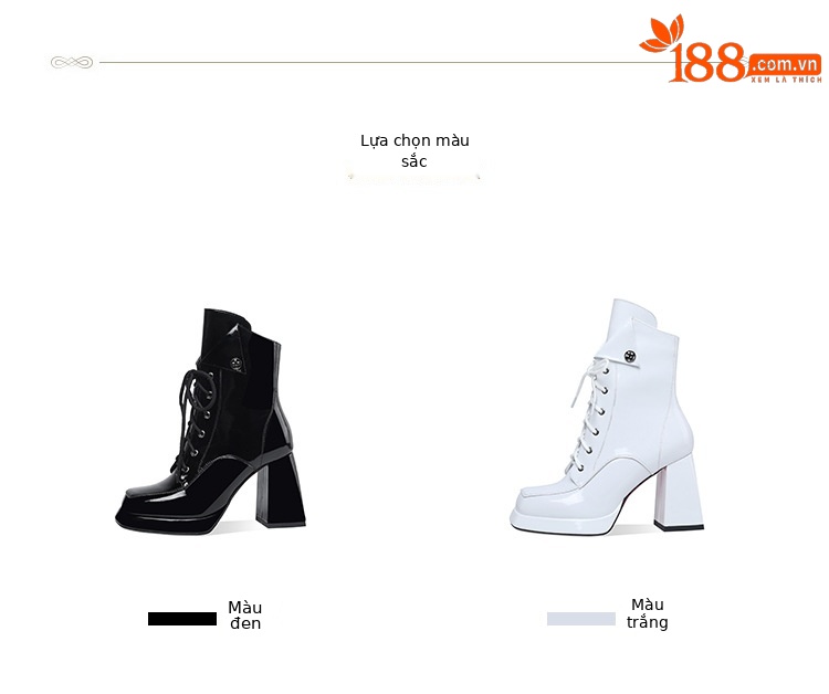 Boot nữ cổ thấp dây buộc khóa kéo gót vuông 9 cm da bóng — Lót nhung đen chi tiết 2