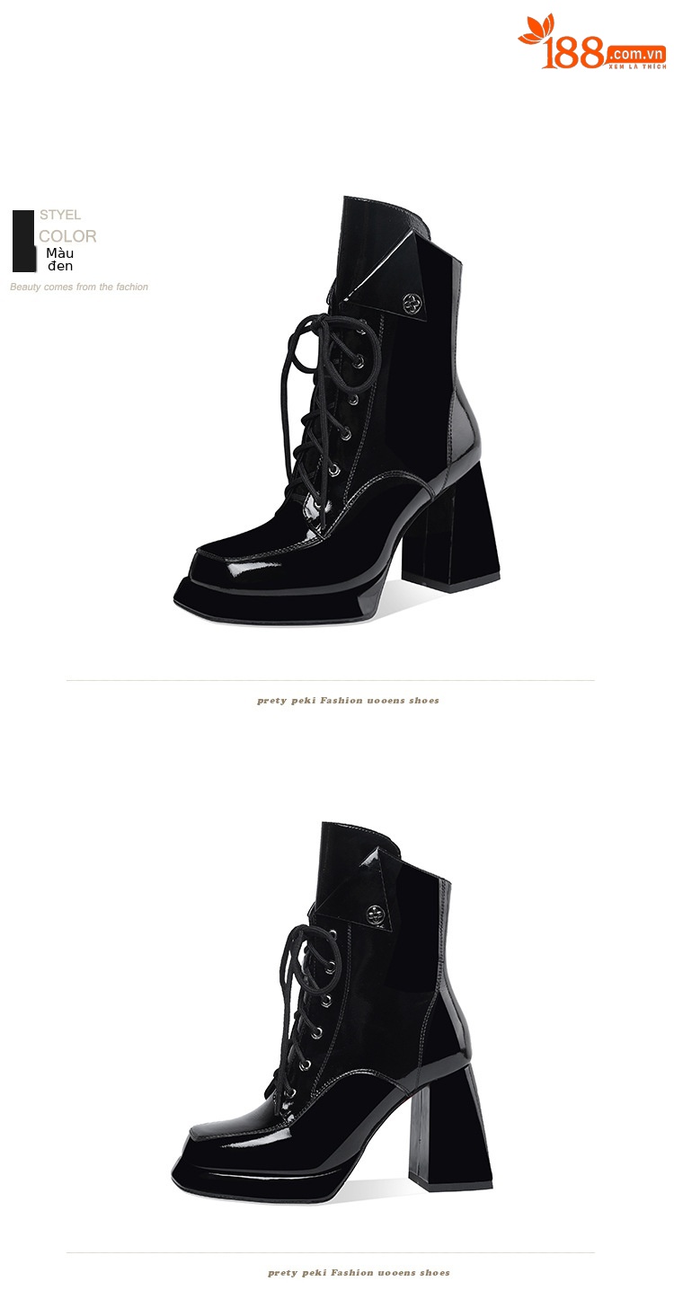 Boot nữ cổ thấp dây buộc khóa kéo gót vuông 9 cm da bóng — Lót nhung đen chi tiết 14