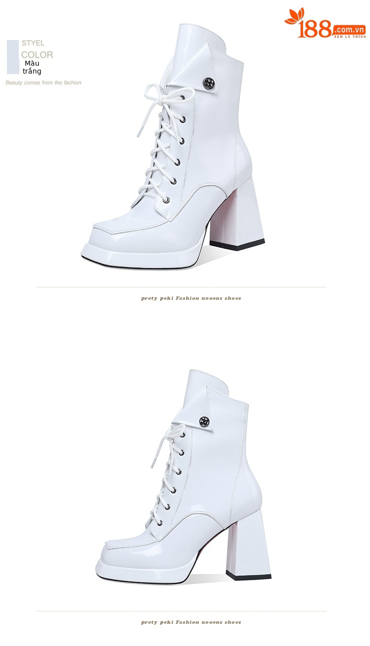 Boot nữ cổ thấp dây buộc khóa kéo gót vuông 9 cm da bóng — Lót nhung đen chi tiết 17