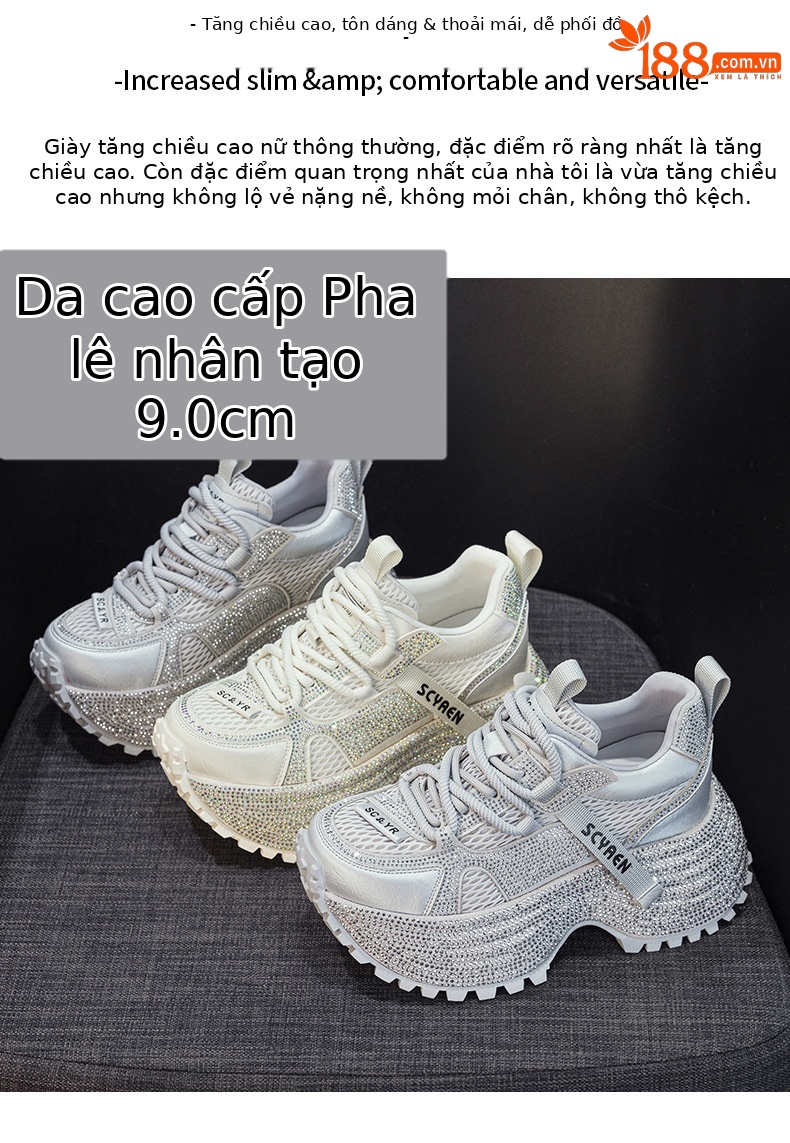 Giày sneaker nữ chunky đế dày phối đá pha lê cao cấp — Xám 5031, Be 5031 chi tiết 2