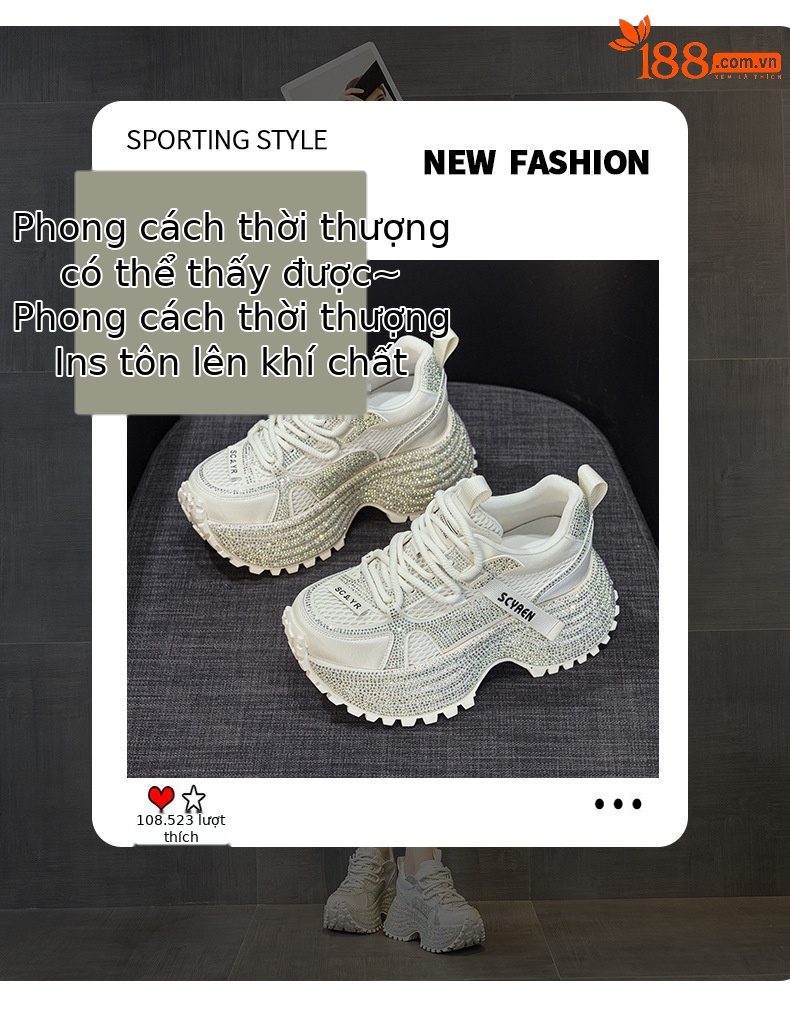 Giày sneaker nữ chunky đế dày phối đá pha lê cao cấp — Xám 5031, Be 5031 chi tiết 3
