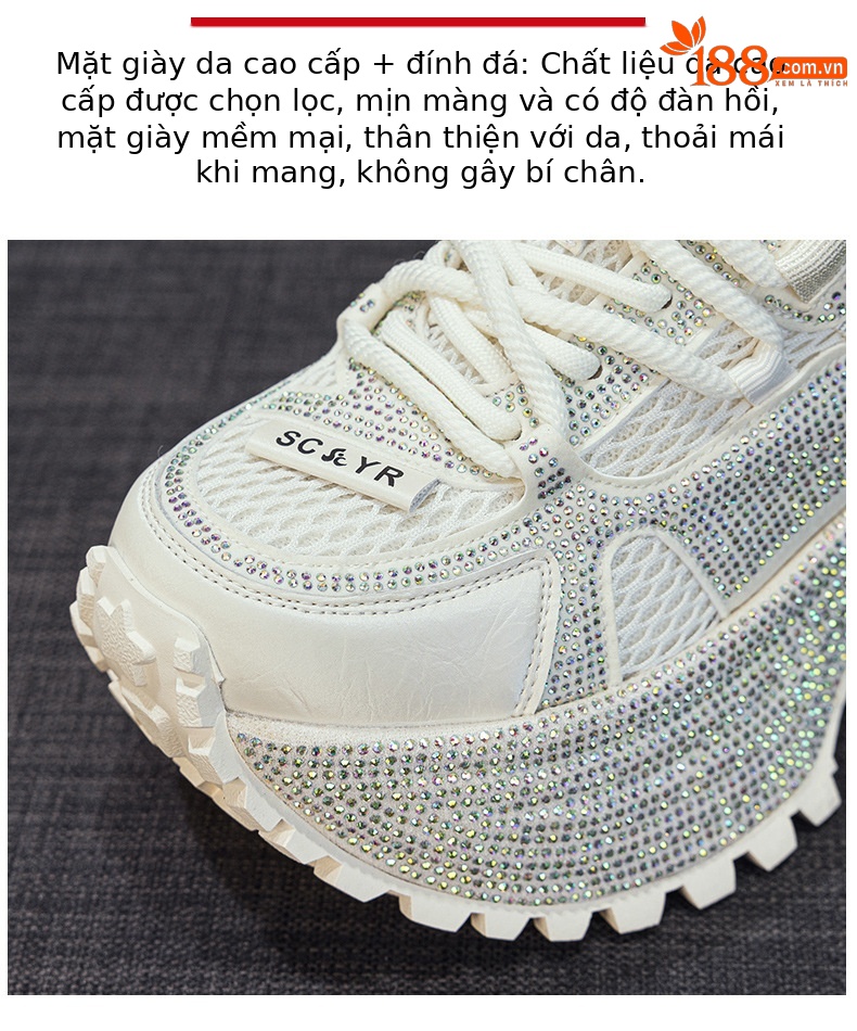 Giày sneaker nữ chunky đế dày phối đá pha lê cao cấp — Xám 5031, Be 5031 chi tiết 7