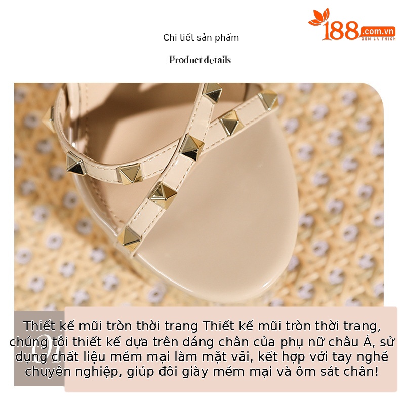 Sandal cao gót nữ quai chéo đế platform, gót nhọn 9 cm, hở mũi đính đinh tán — trắng ngà chi tiết 3