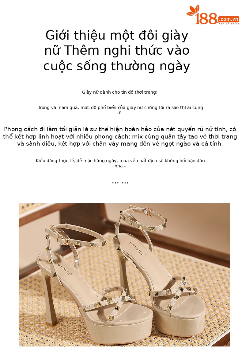 Sandal cao gót nữ quai chéo đế platform, gót nhọn 9 cm, hở mũi đính đinh tán — trắng ngà chi tiết 2