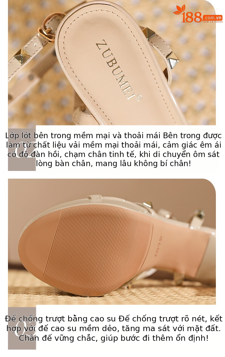 Sandal cao gót nữ quai chéo đế platform, gót nhọn 9 cm, hở mũi đính đinh tán — trắng ngà chi tiết 4