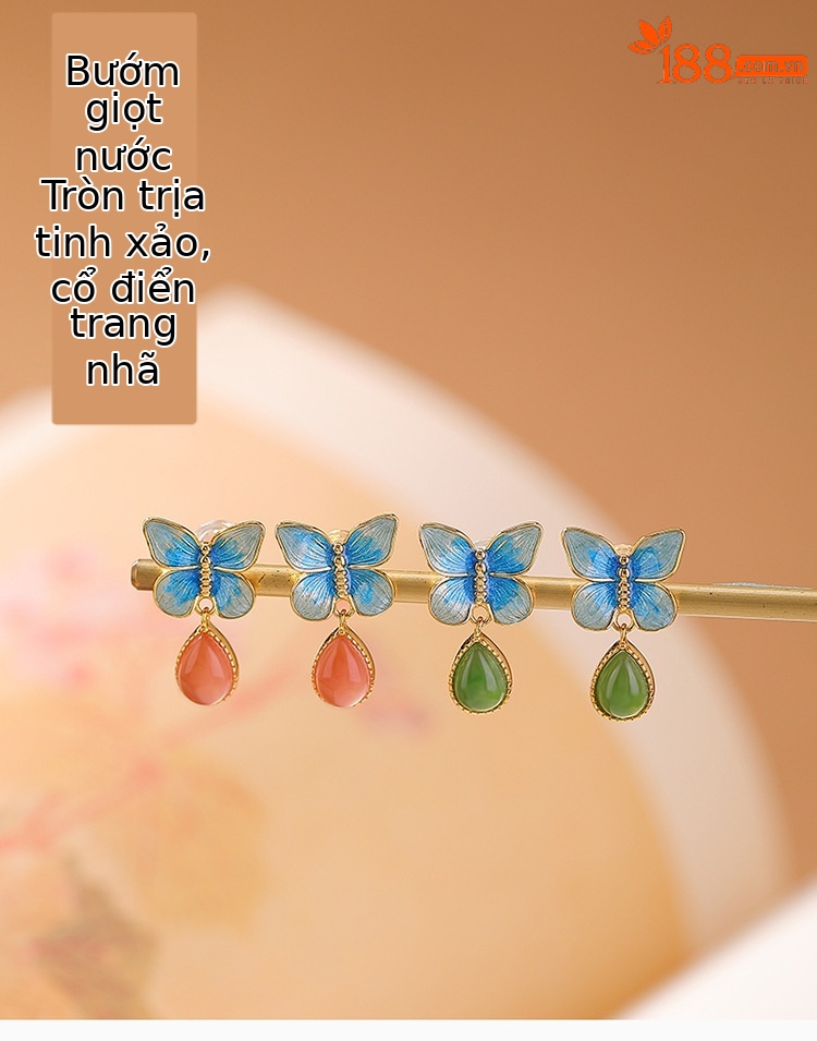 Bông tai Stud bạc S925 mạ vàng đính đá ngọc bích hồng nam mã não hình bướm — Tiền thủy hồng chi tiết 1