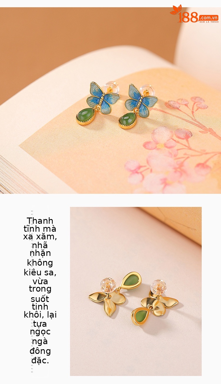 Bông tai Stud bạc S925 mạ vàng đính đá ngọc bích hồng nam mã não hình bướm — Tiền thủy hồng chi tiết 3