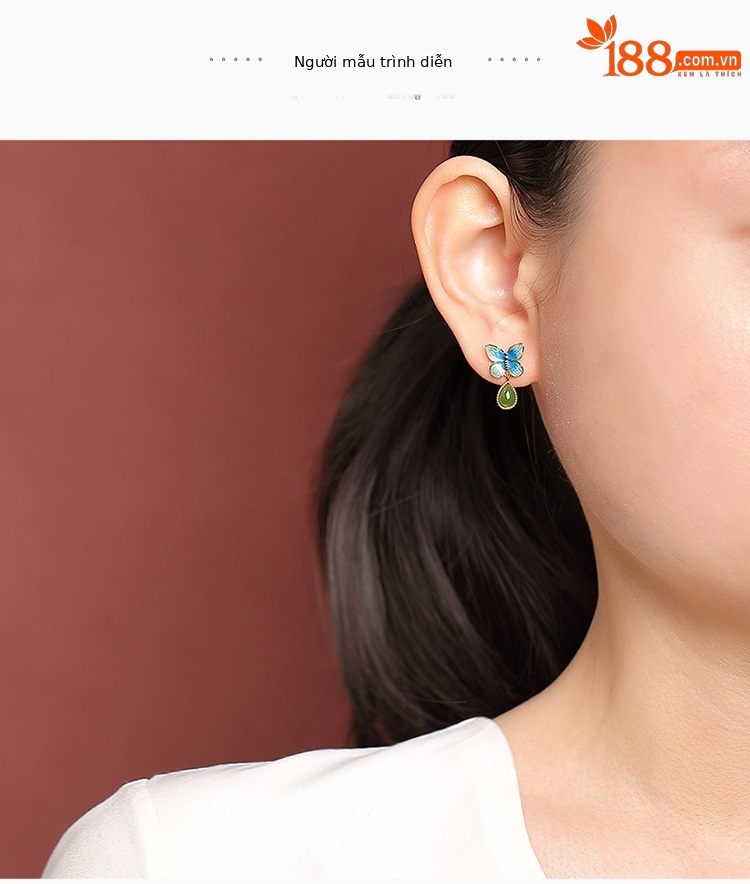 Bông tai Stud bạc S925 mạ vàng đính đá ngọc bích hồng nam mã não hình bướm — Tiền thủy hồng chi tiết 5