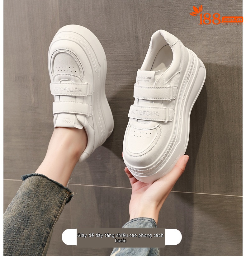 Giày sneaker nữ đế dày tăng chiều cao bên trong, dán thể thao, phong cách trắng đa năng — màu trắng chi tiết 1